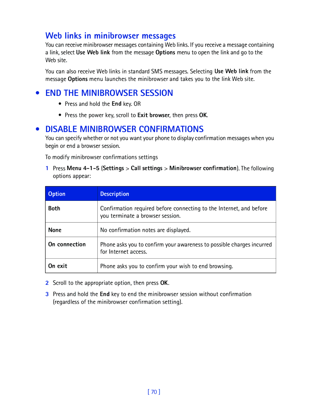 Nokia 2270 manual Web links in minibrowser messages, END the Minibrowser Session, Disable Minibrowser Confirmations 