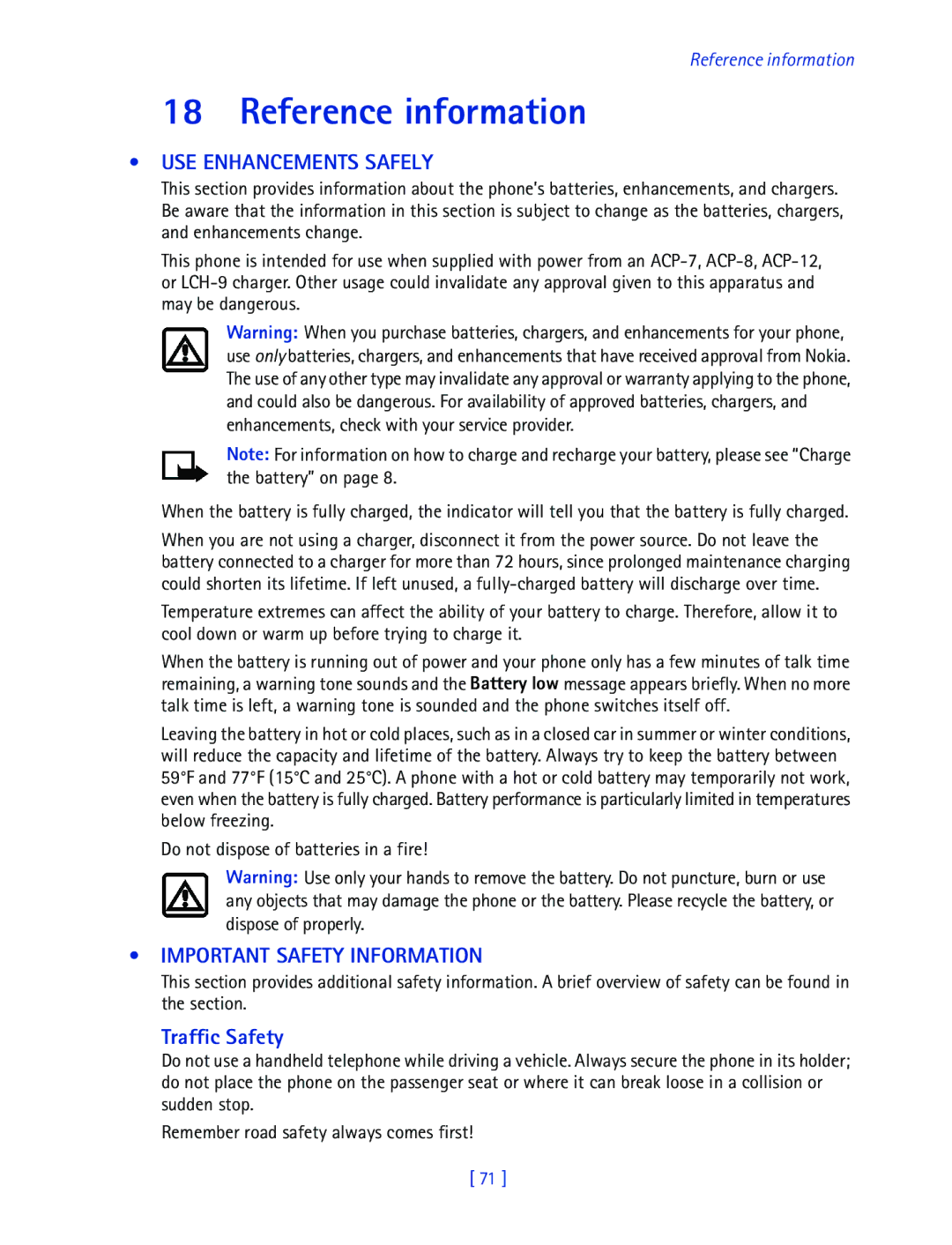 Nokia 2270 manual Reference information, USE Enhancements Safely 