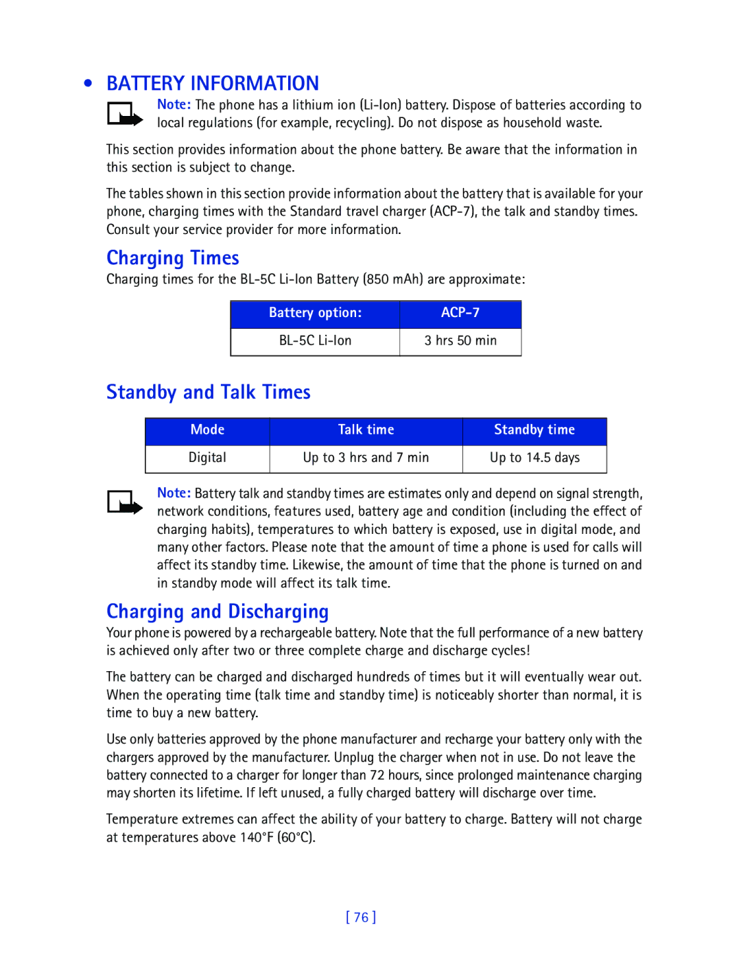 Nokia 2270 manual Battery Information, Charging Times, Charging and Discharging, Battery option ACP-7, Mode 