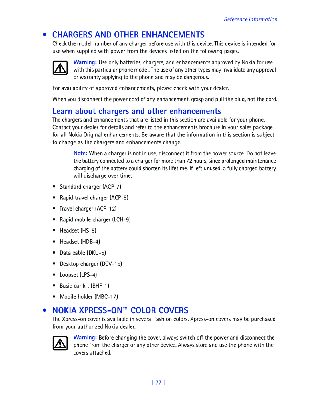 Nokia 2270 Chargers and Other Enhancements, Learn about chargers and other enhancements, Nokia XPRESS-ON Color Covers 