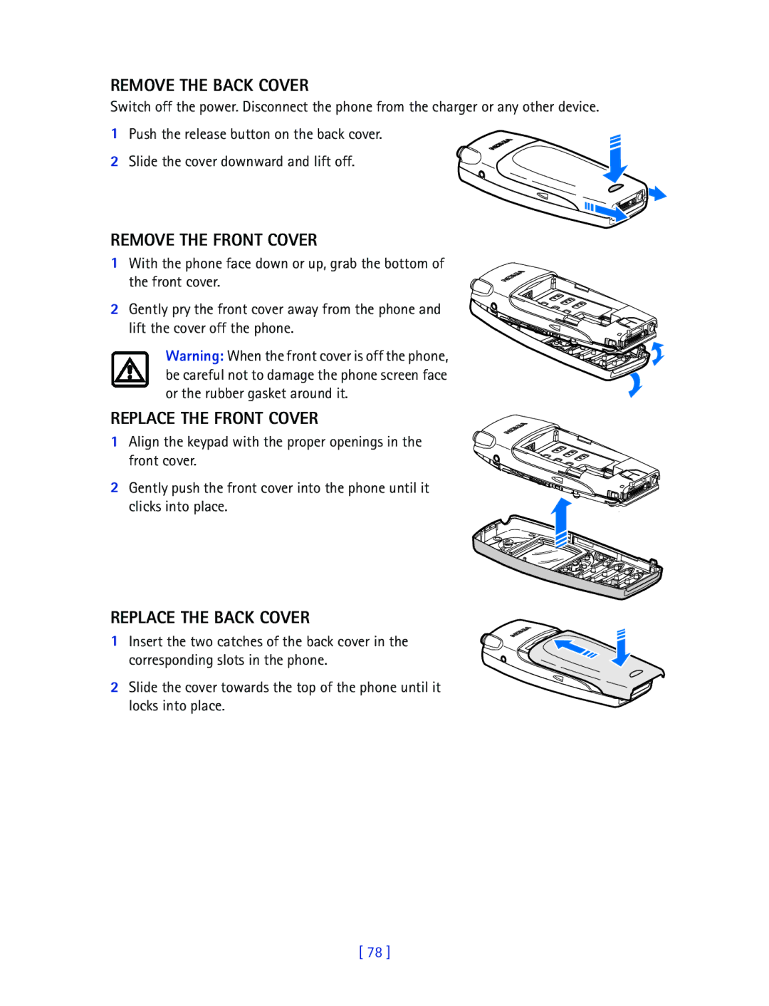 Nokia 2270 manual Remove the Back Cover, Remove the Front Cover, Replace the Front Cover, Replace the Back Cover 