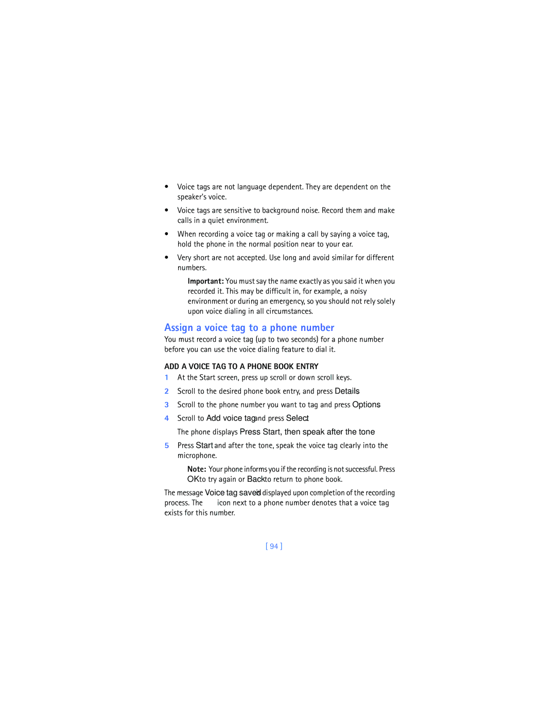 Nokia 2280 manual Assign a voice tag to a phone number, ADD a Voice TAG to a Phone Book Entry 