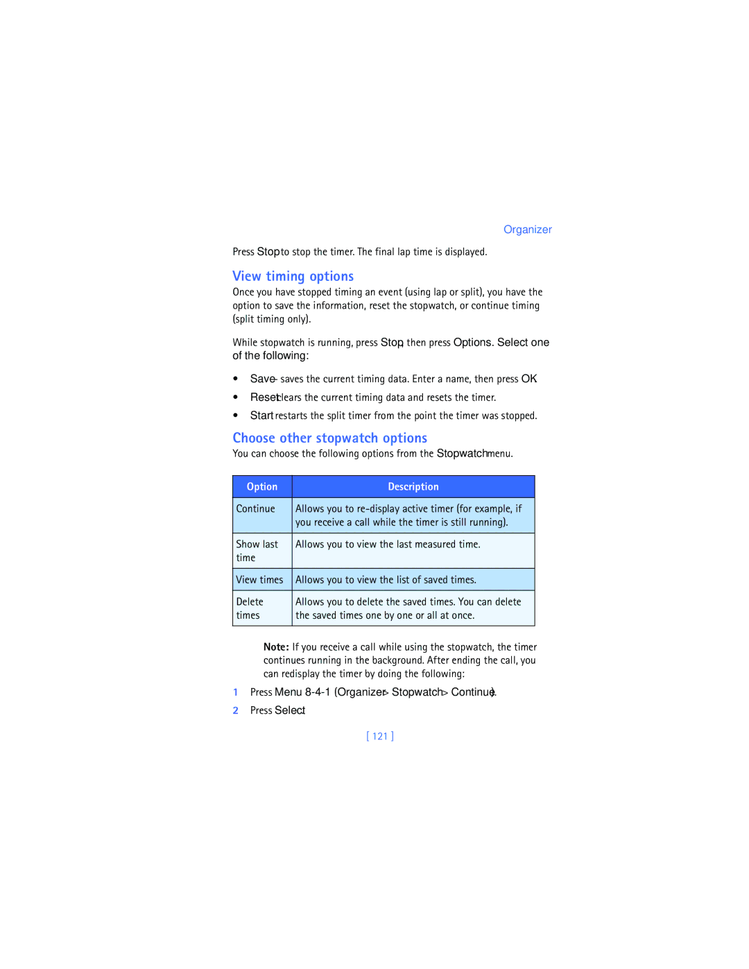 Nokia 2280 View timing options, Choose other stopwatch options, Following, Press Menu 8-4-1 Organizer Stopwatch Continue 