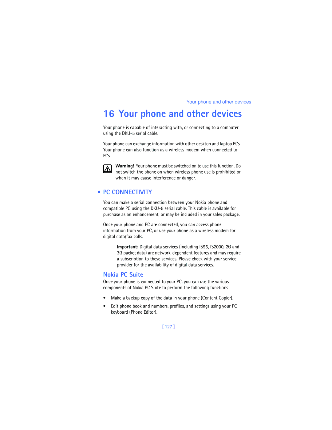 Nokia 2280 manual PC Connectivity, Nokia PC Suite, 127 