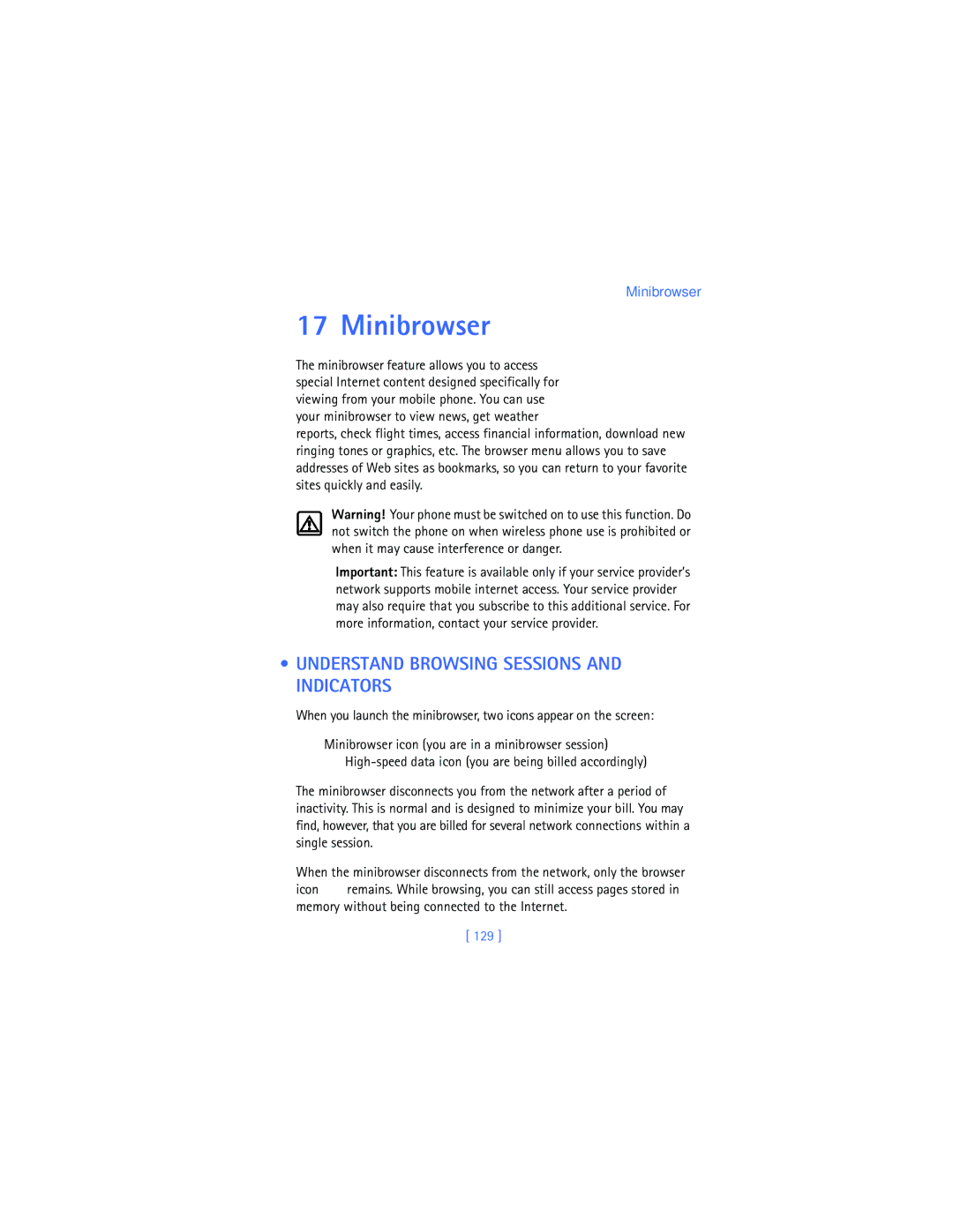 Nokia 2280 manual Minibrowser, Understand Browsing Sessions and Indicators, 129 