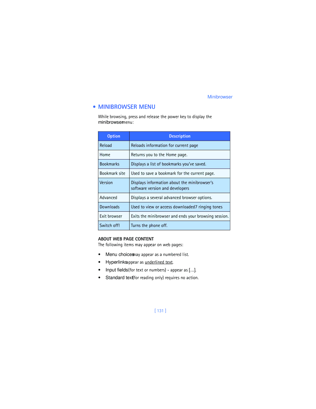 Nokia 2280 manual Minibrowser Menu, Minibrowser menu, About WEB page Content, 131 