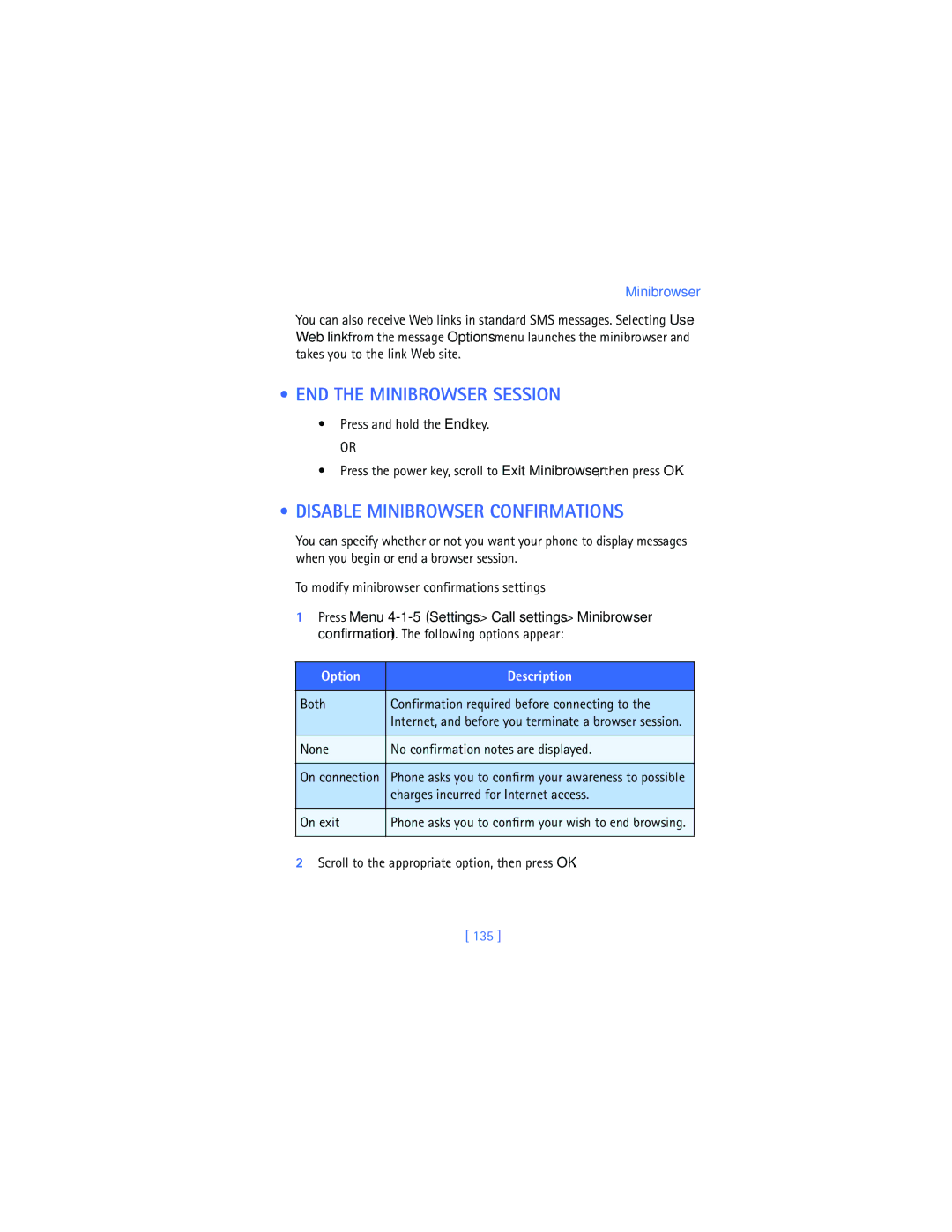 Nokia 2280 manual END the Minibrowser Session, Disable Minibrowser Confirmations, 135 