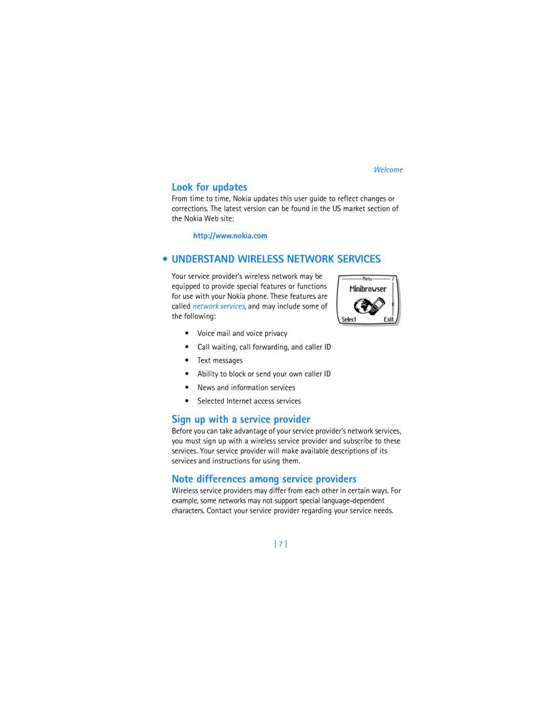 Nokia 2280 manual Look for updates, Understand Wireless Network Services, Sign up with a service provider 