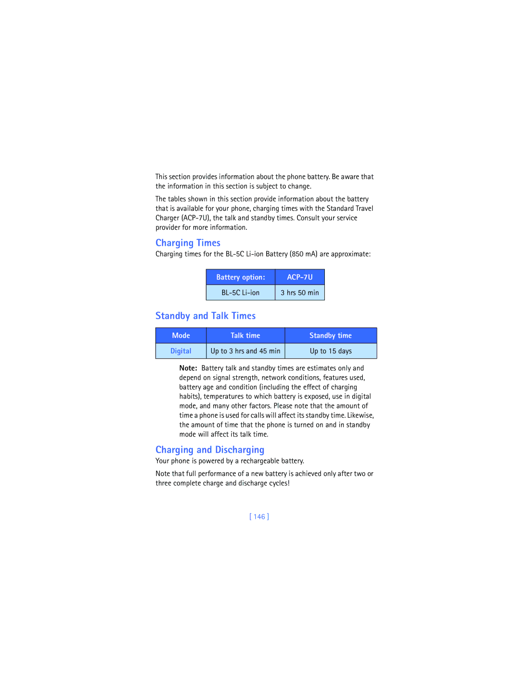 Nokia 2280 manual Charging Times, Standby and Talk Times, Charging and Discharging, Battery option, Standby time 