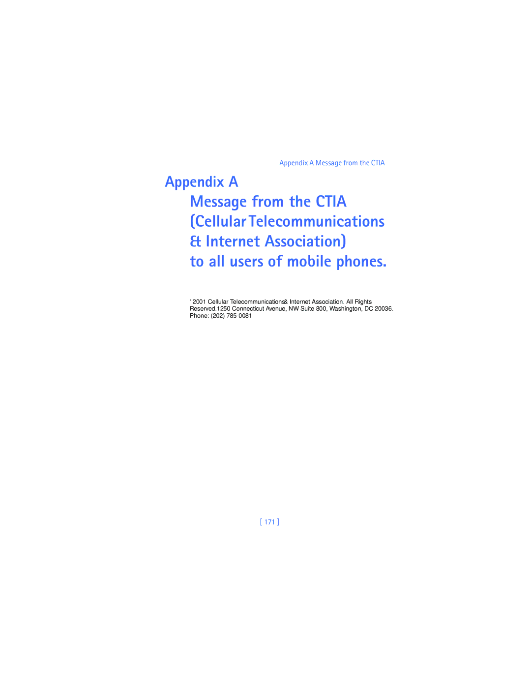 Nokia 2280 manual To all users of mobile phones, Appendix a Message from the Ctia, 171 