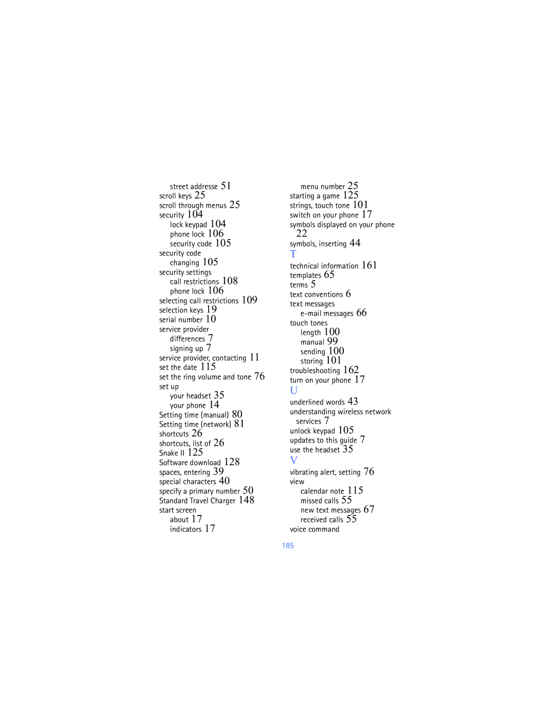 Nokia 2280 manual Security settings, Selecting call restrictions 109 selection keys, Voice command, 185 