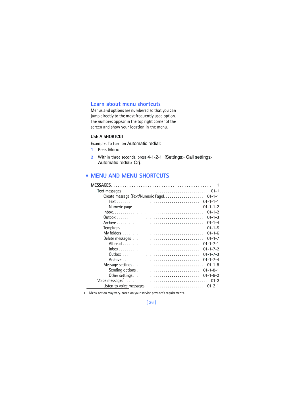 Nokia 2280 manual Learn about menu shortcuts, Menu and Menu Shortcuts, USE a Shortcut, Messages, Listen to voice messages 