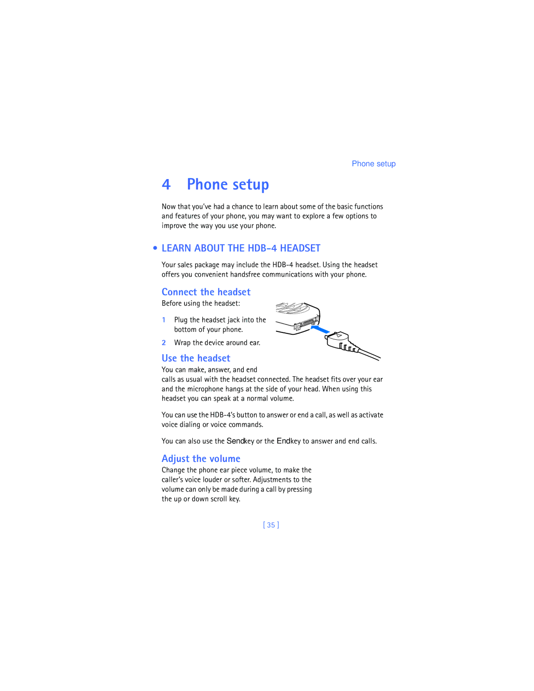 Nokia 2280 manual Phone setup, Learn about the HDB-4 Headset, Connect the headset, Use the headset, Adjust the volume 