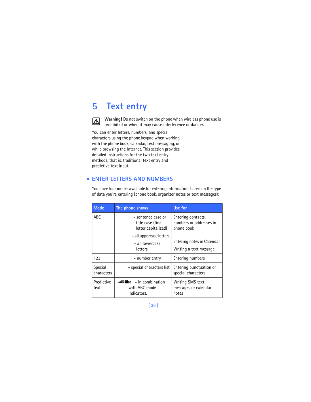 Nokia 2280 manual Text entry, Enter Letters and Numbers, Mode Phone shows Use for 