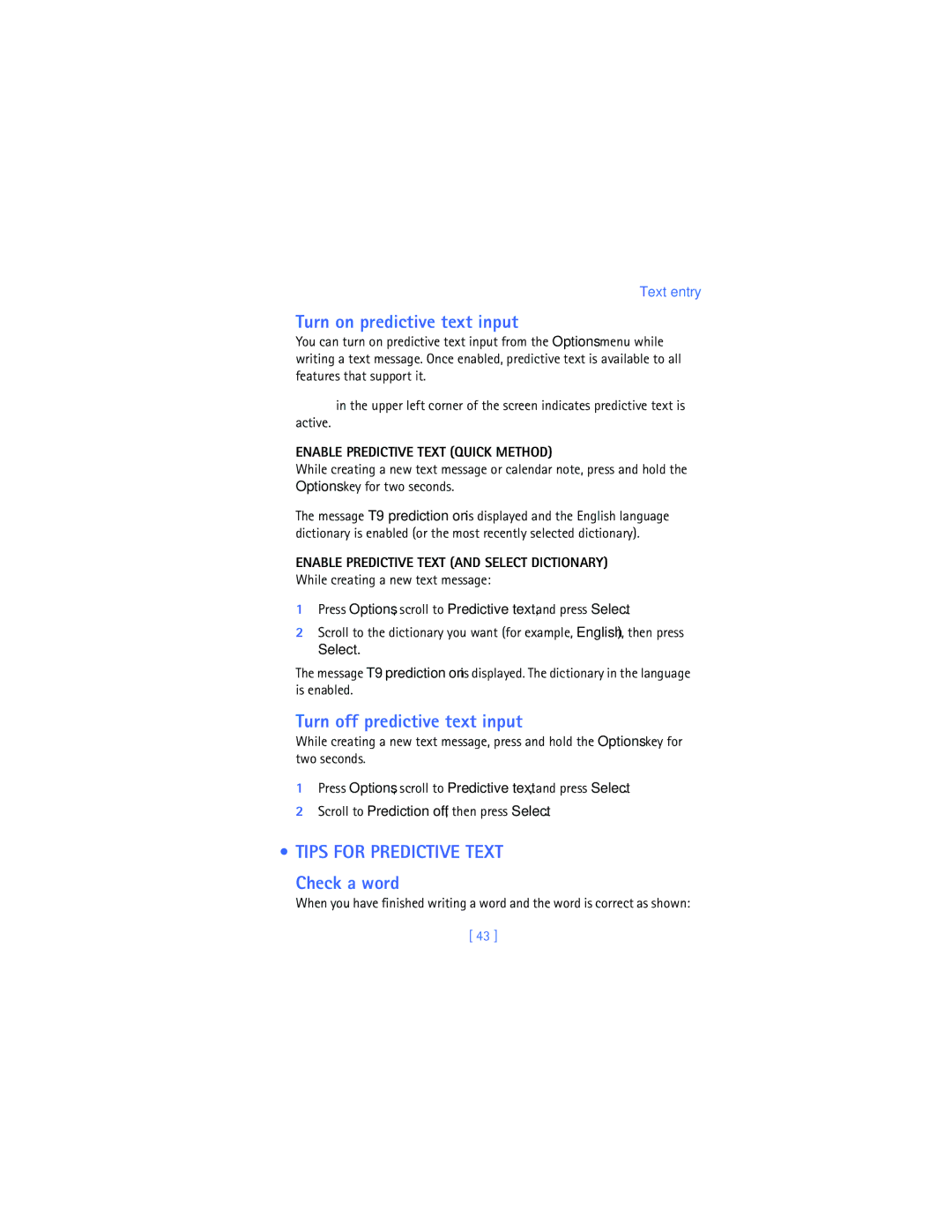 Nokia 2280 manual Turn on predictive text input, Turn off predictive text input, Tips for Predictive Text Check a word 