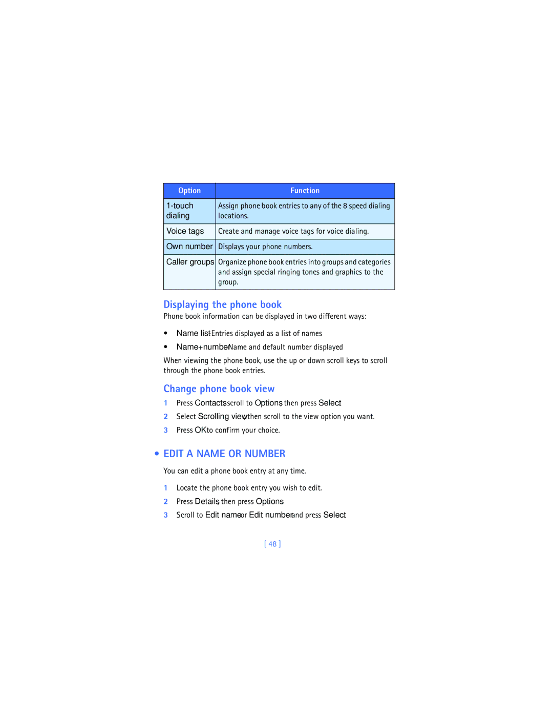 Nokia 2280 manual Displaying the phone book, Change phone book view, Edit a Name or Number 