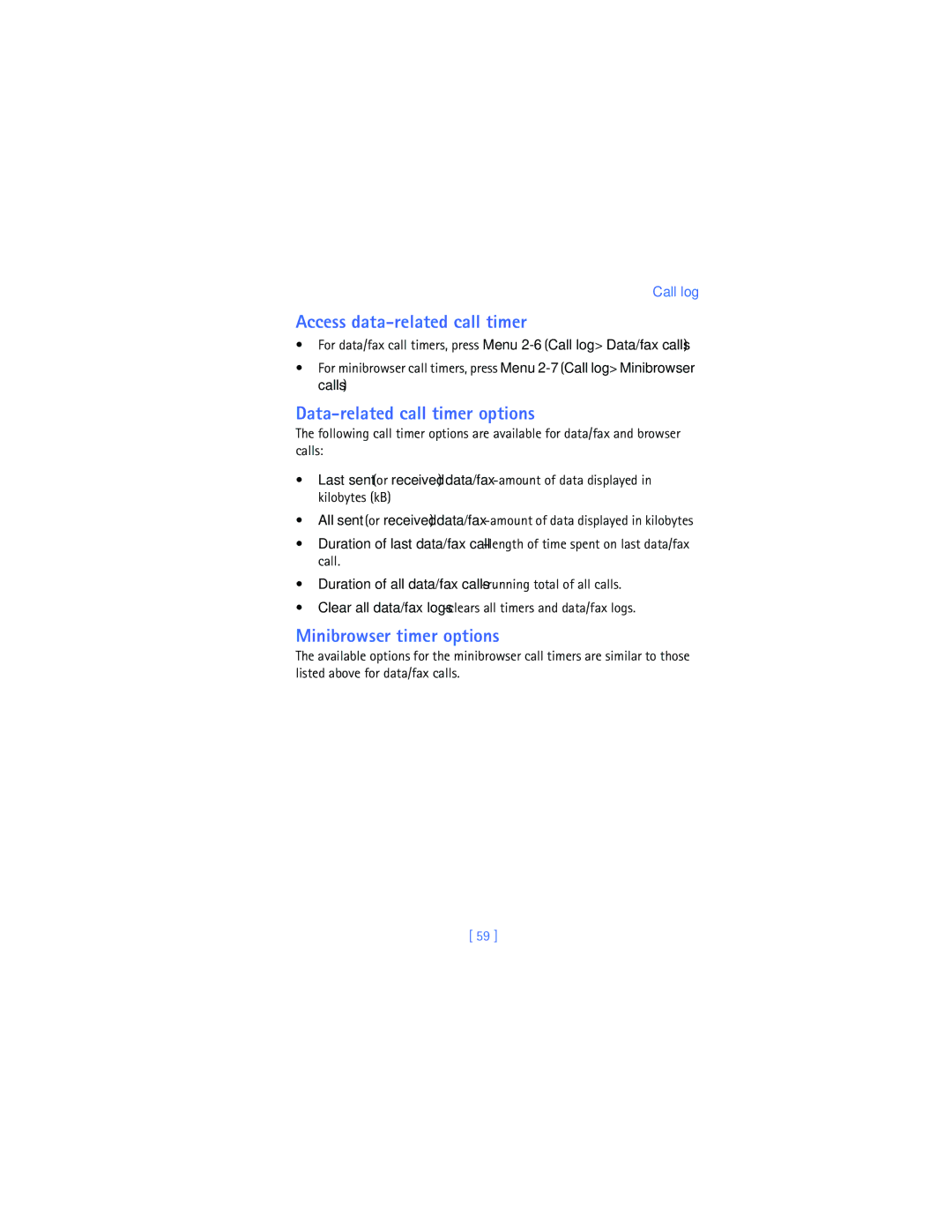 Nokia 2280 manual Access data-related call timer, Data-related call timer options, Minibrowser timer options 