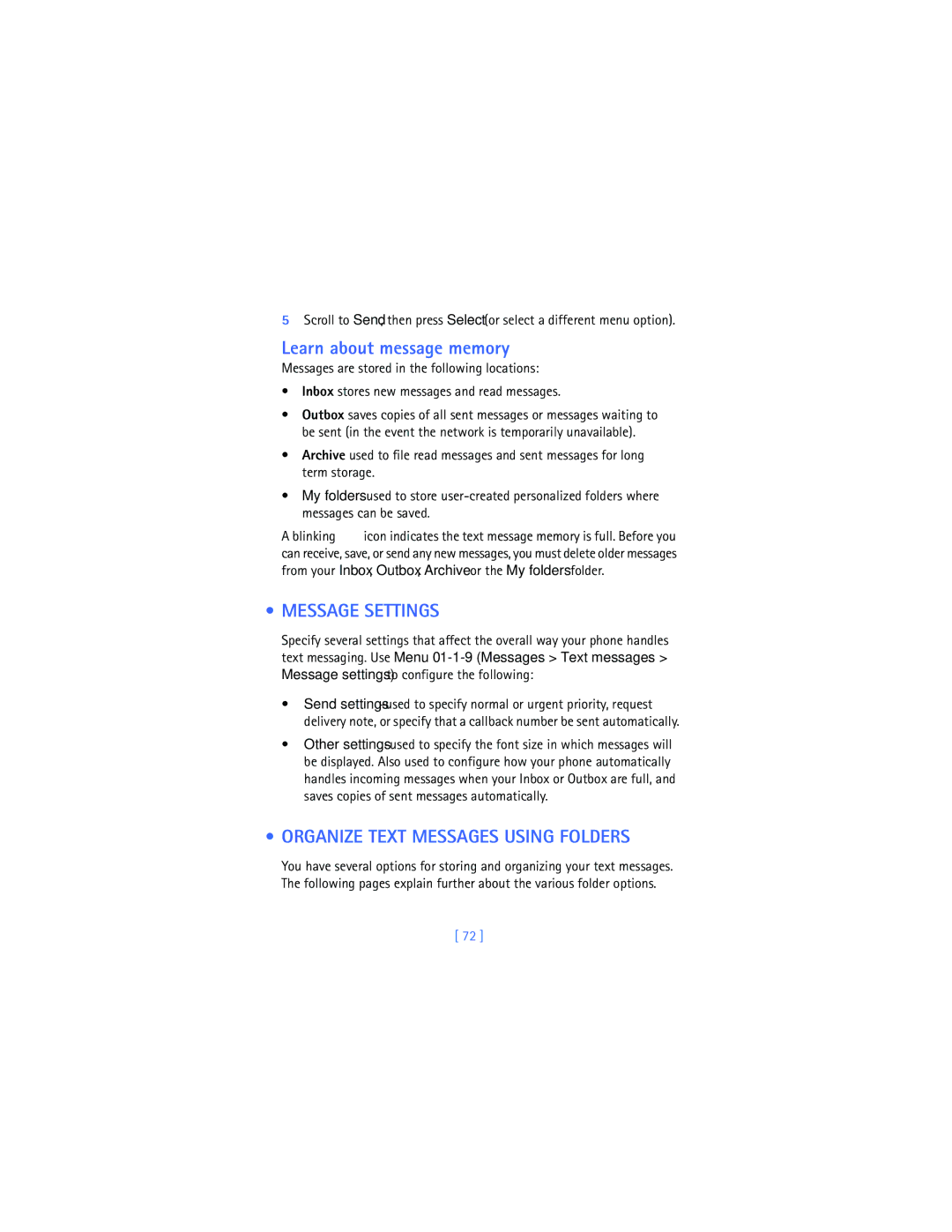 Nokia 2280 manual Learn about message memory, Message Settings, Organize Text Messages Using Folders 