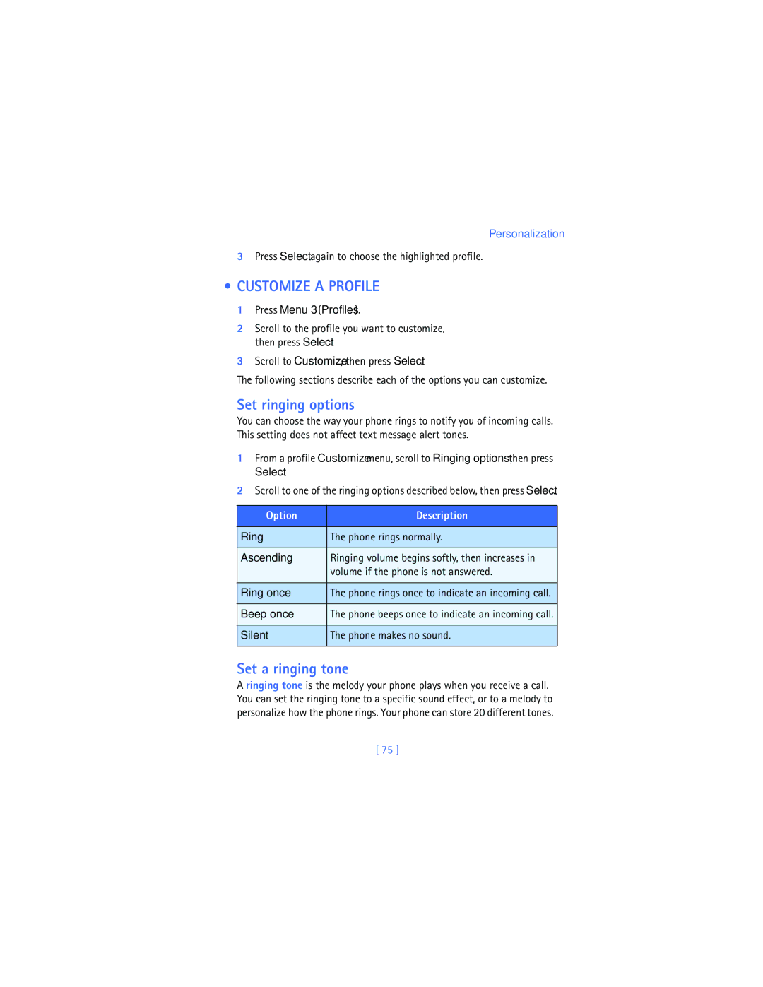 Nokia 2280 manual Customize a Profile, Set ringing options, Set a ringing tone 