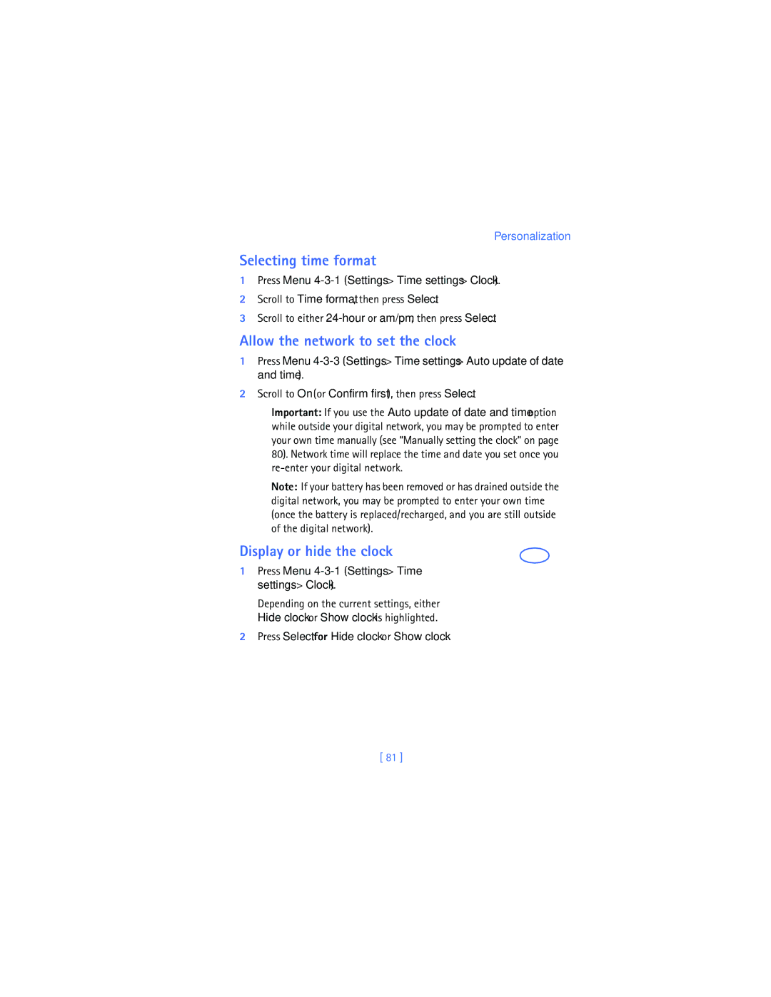Nokia 2280 manual Selecting time format, Allow the network to set the clock, Display or hide the clock 