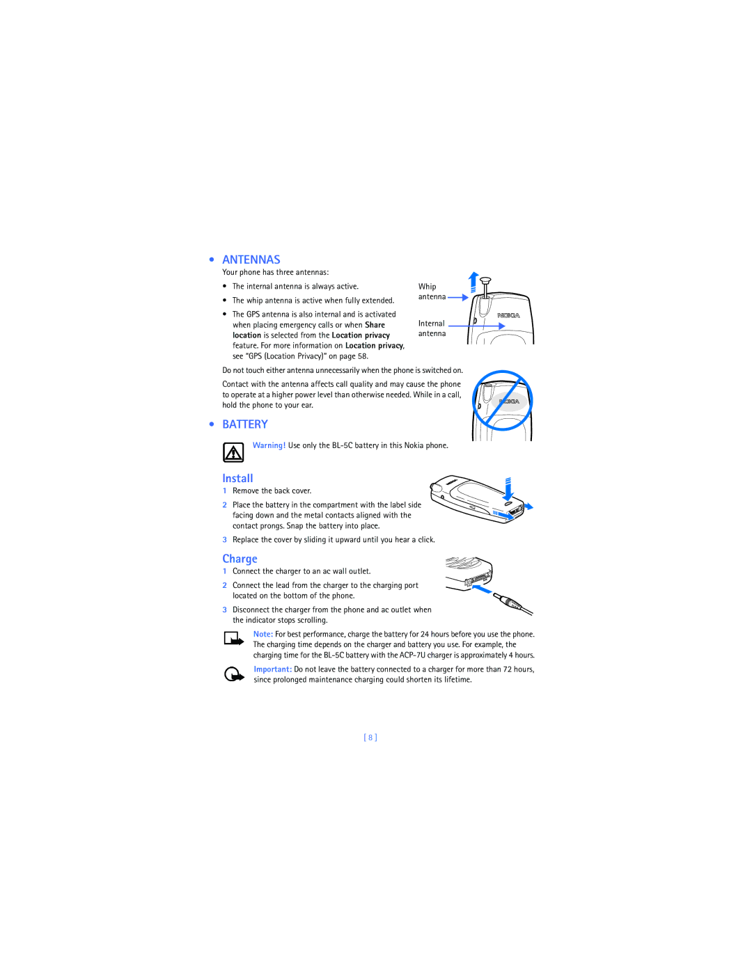 Nokia 2285 warranty Antennas, Battery, Install, Charge 