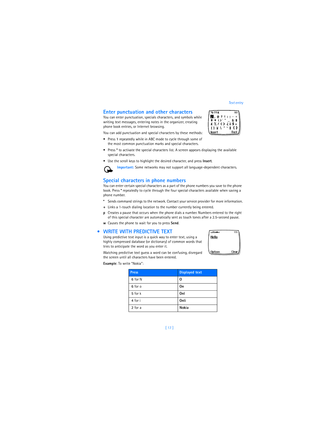 Nokia 2285 warranty Enter punctuation and other characters, Special characters in phone numbers, Write with Predictive Text 