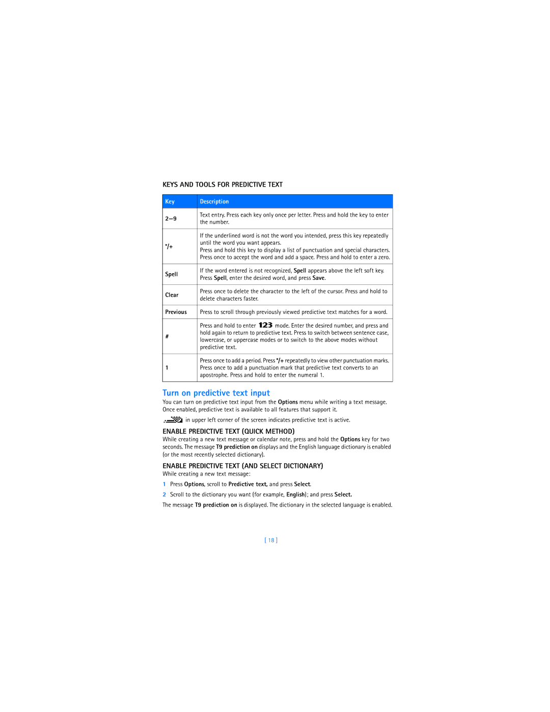 Nokia 2285 warranty Turn on predictive text input, Keys and Tools for Predictive Text, Enable Predictive Text Quick Method 