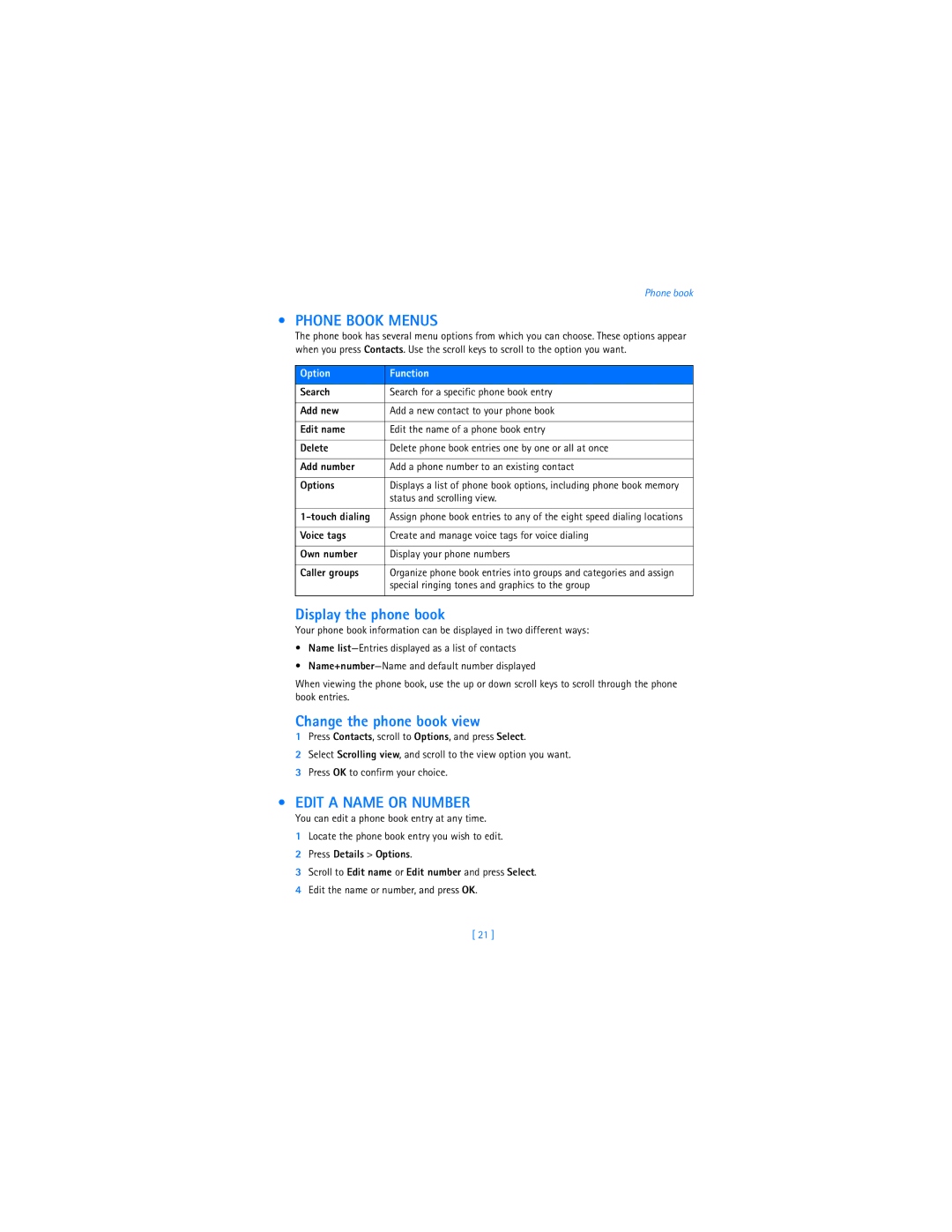 Nokia 2285 Phone Book Menus, Display the phone book, Change the phone book view, Edit a Name or Number, Option Function 