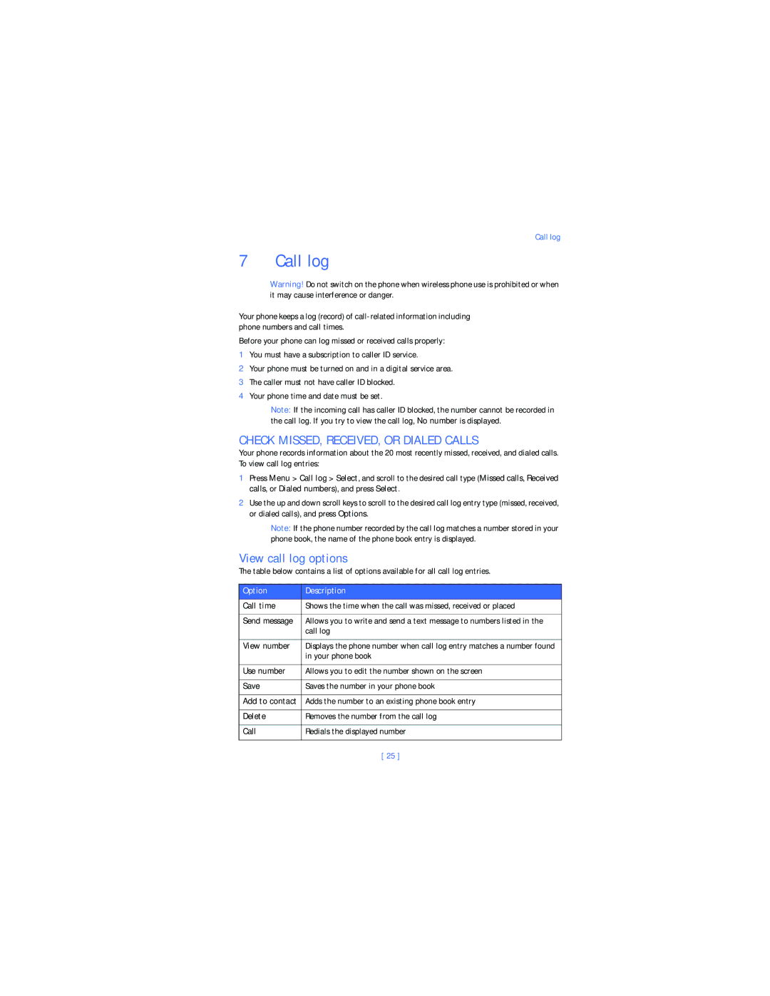 Nokia 2285 warranty Call log, Check MISSED, RECEIVED, or Dialed Calls, View call log options, Option Description 