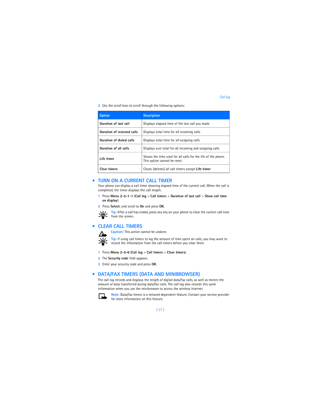 Nokia 2285 warranty Turn on a Current Call Timer, Clear Call Timers, DATA/FAX Timers Data and Minibrowser 