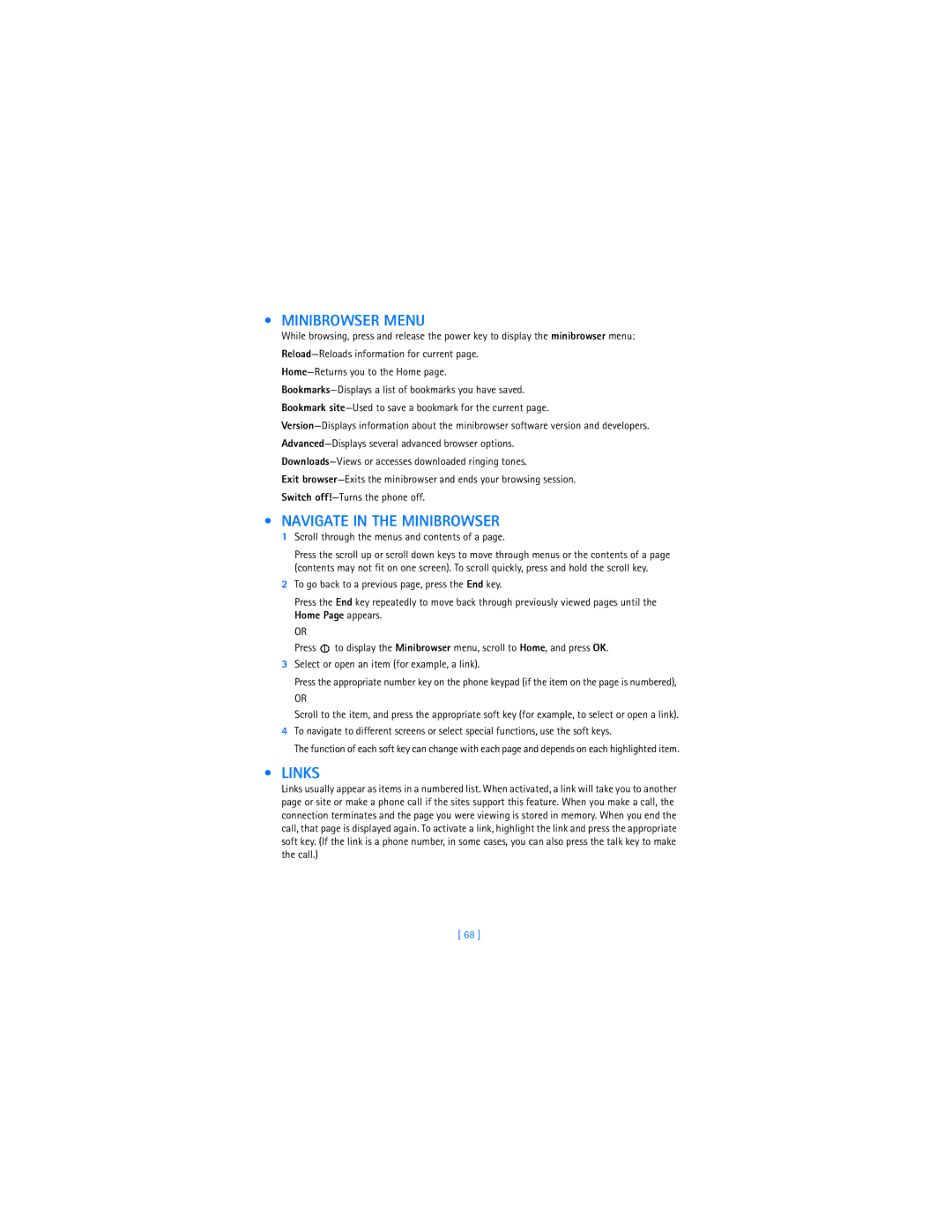 Nokia 2285 warranty Minibrowser Menu, Navigate in the Minibrowser, Links, Scroll through the menus and contents of a 