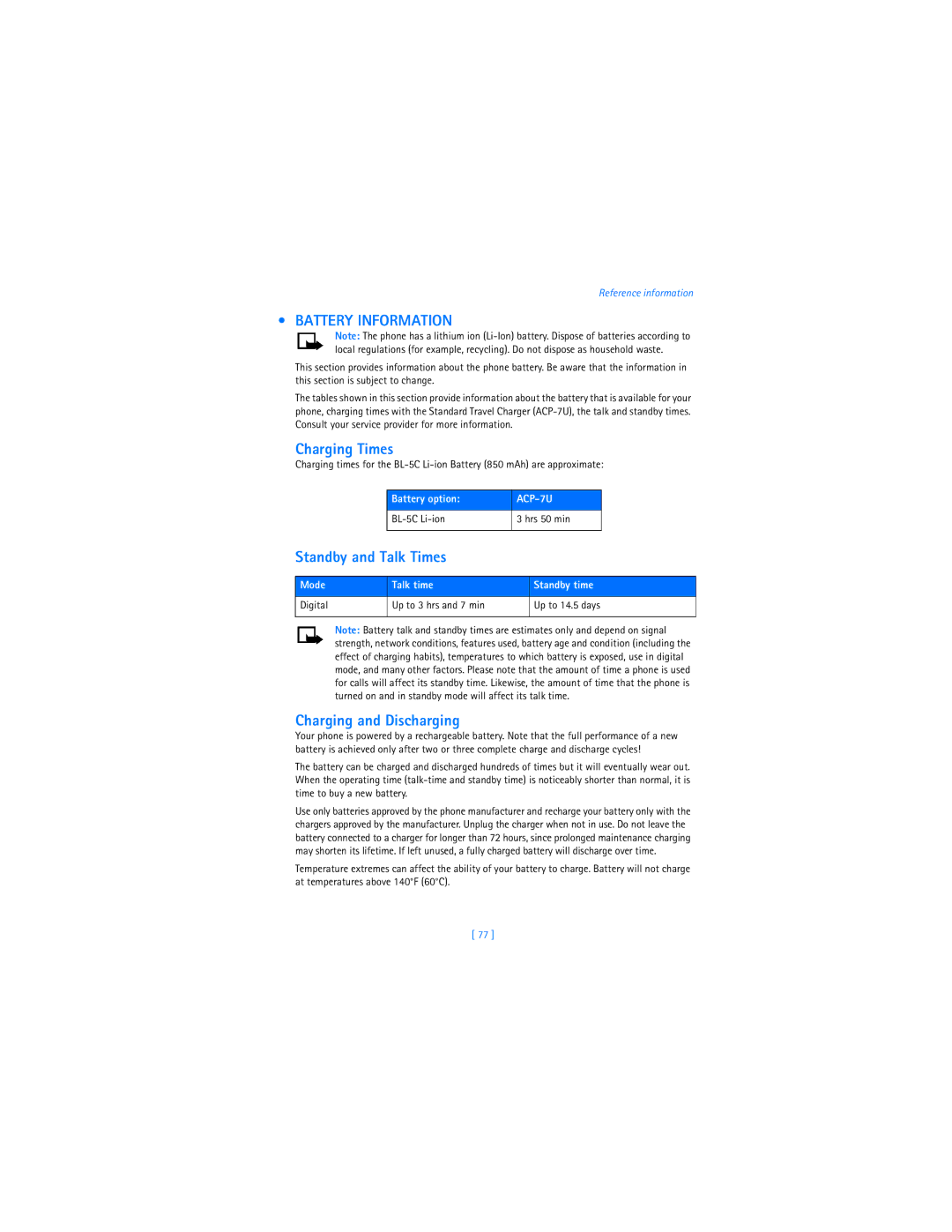 Nokia 2285 warranty Battery Information, Charging Times, Standby and Talk Times, Charging and Discharging 