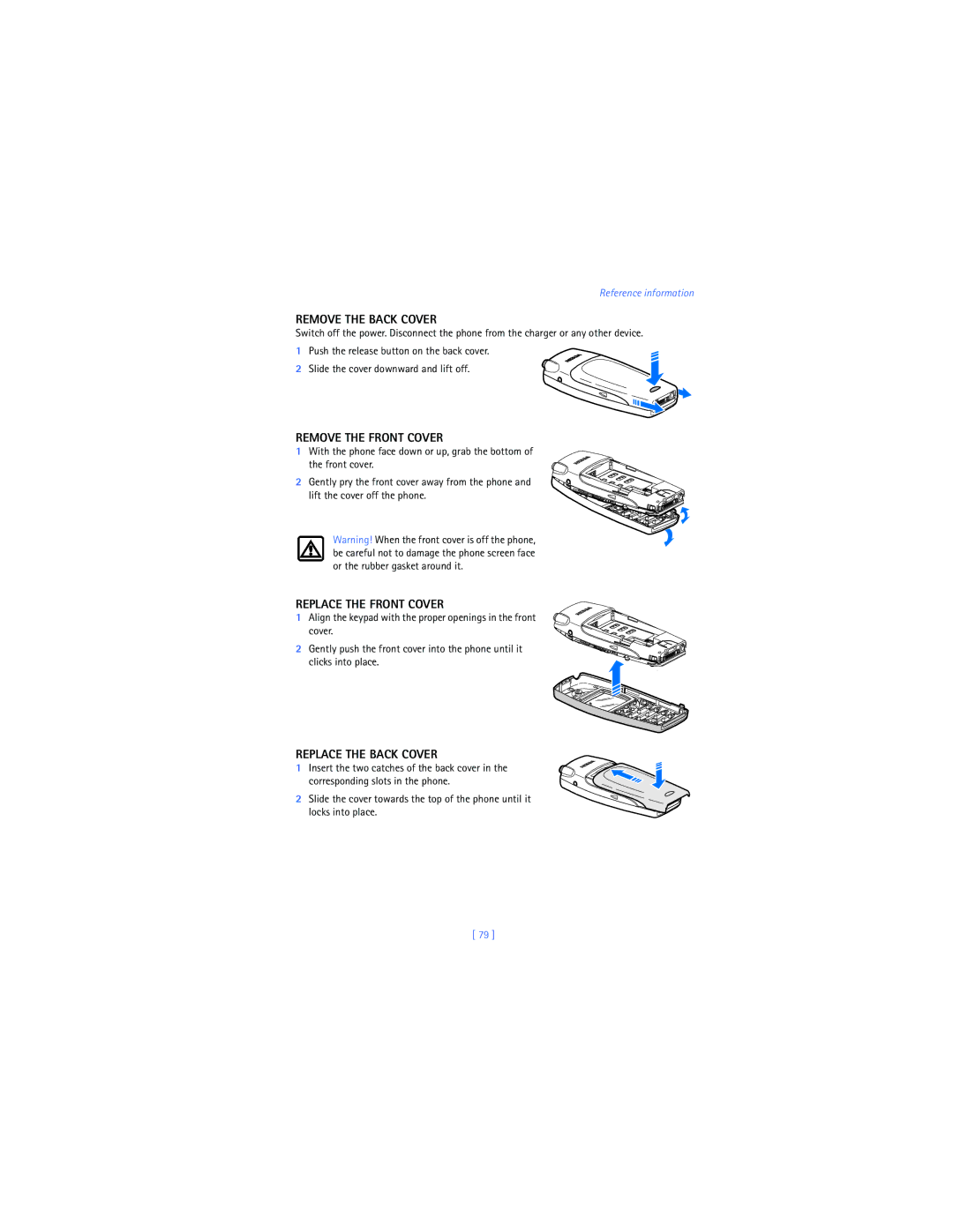 Nokia 2285 warranty Remove the Back Cover, Remove the Front Cover, Replace the Front Cover, Replace the Back Cover 