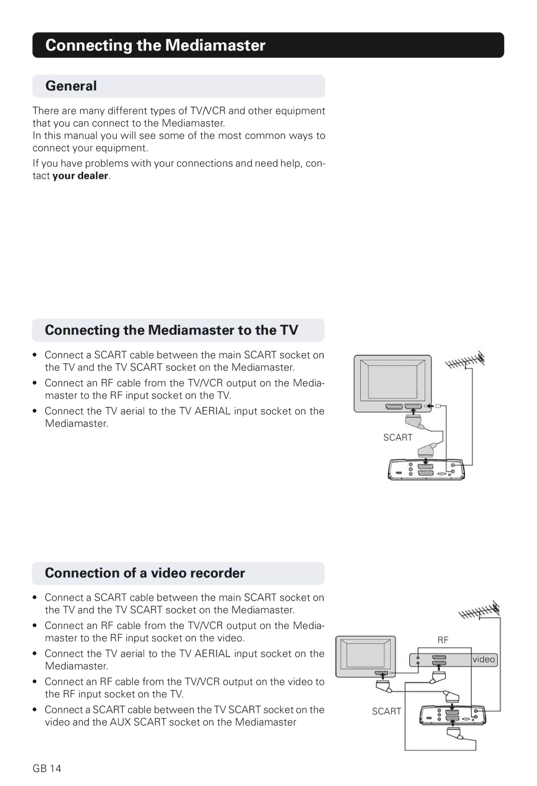 Nokia 230 T manual Connecting the Mediamaster to the TV, Connection of a video recorder 