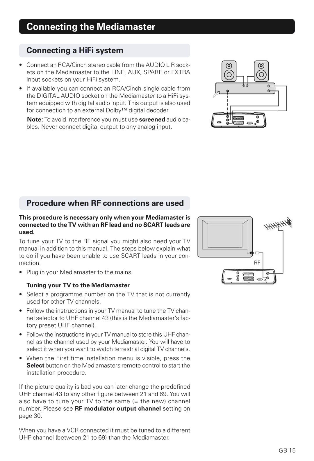 Nokia 230 T manual Connecting a HiFi system, Procedure when RF connections are used, Tuning your TV to the Mediamaster 