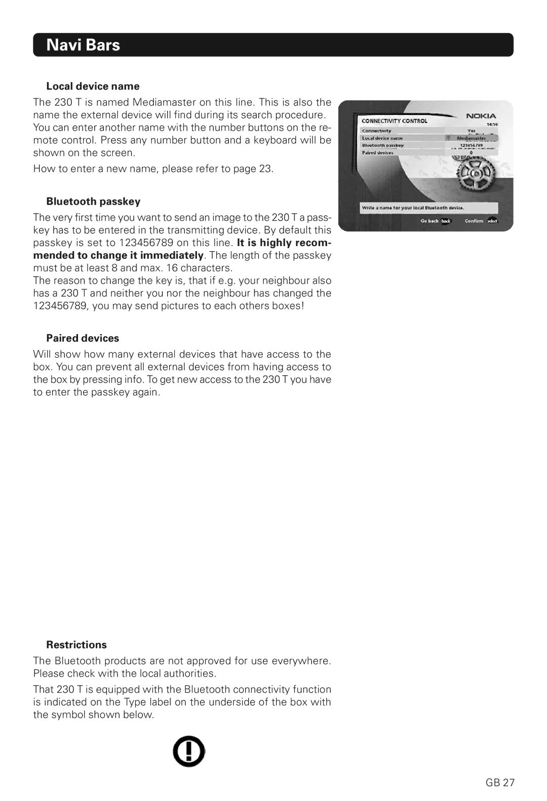 Nokia 230 T manual Local device name, Bluetooth passkey, Paired devices, Restrictions 