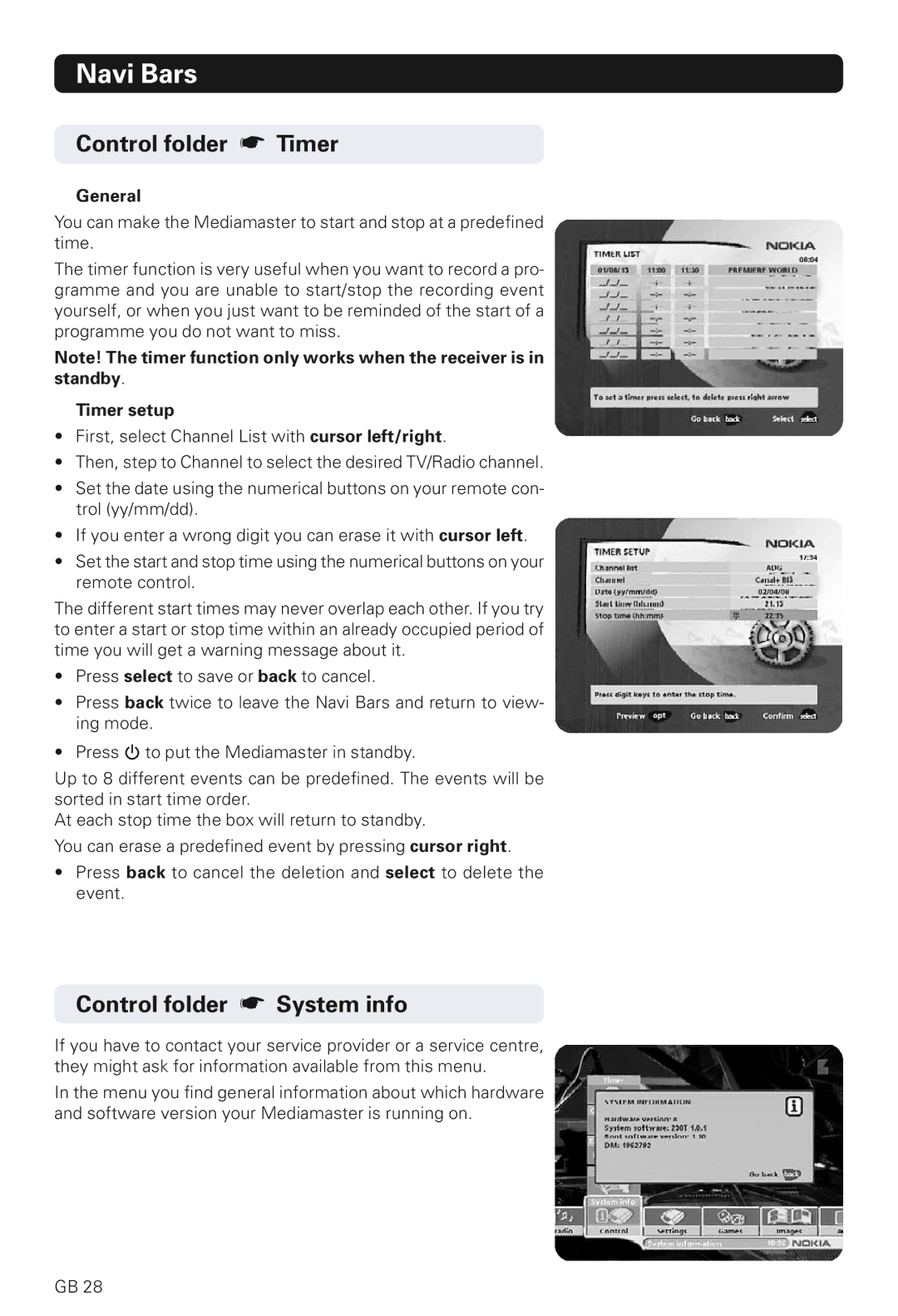 Nokia 230 T manual Control folder Timer, Control folder System info, Timer setup 