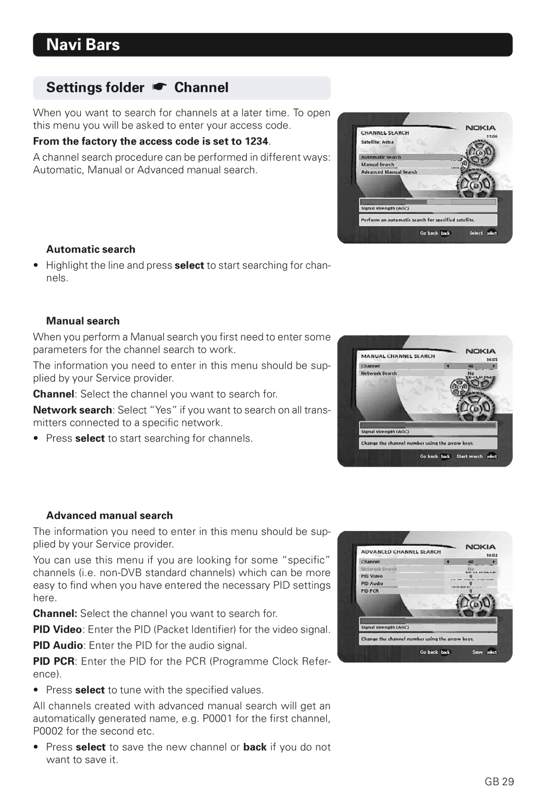 Nokia 230 T manual Settings folder Channel, From the factory the access code is set to, Automatic search, Manual search 