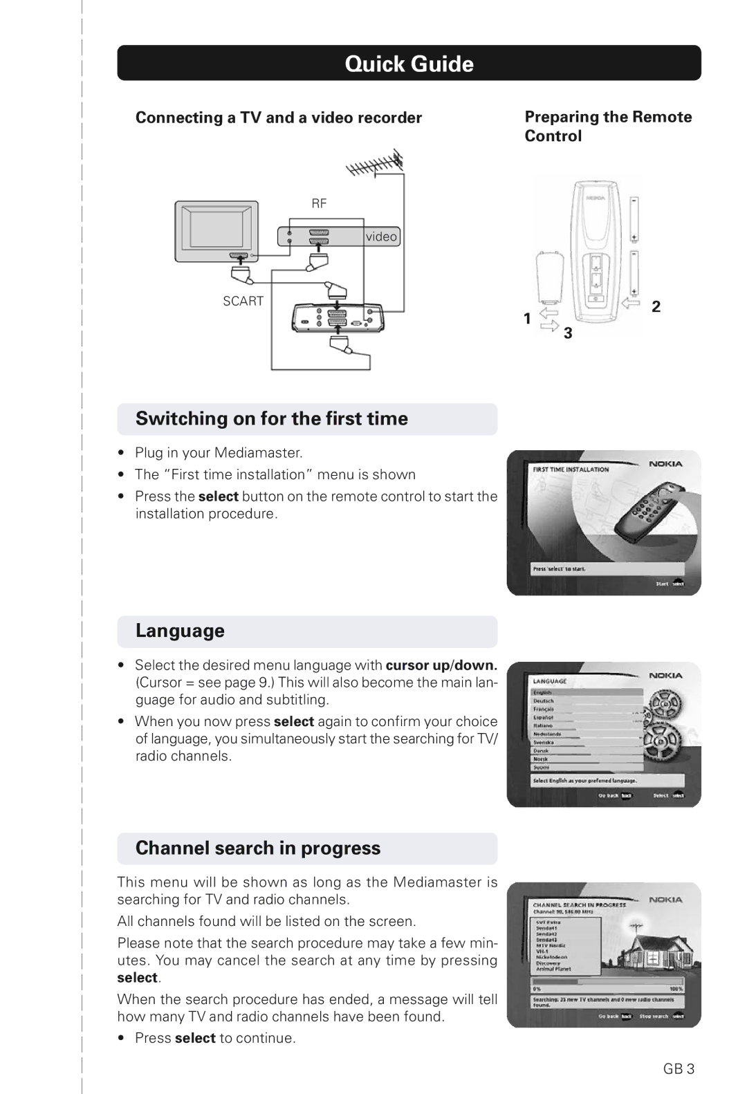 Nokia 230 T manual Quick Guide, Switching on for the first time, Language, Channel search in progress 