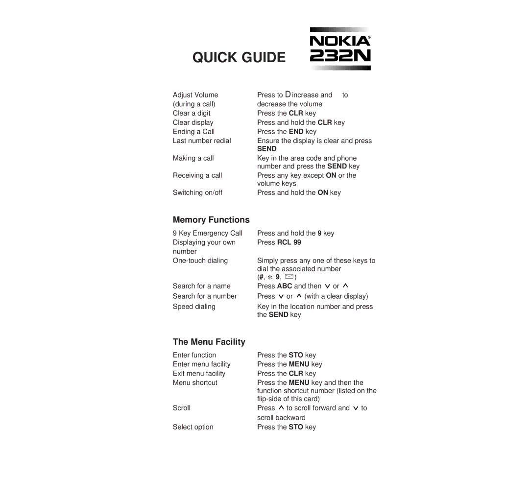 Nokia 232N manual Quick Guide, Memory Functions, Menu Facility 