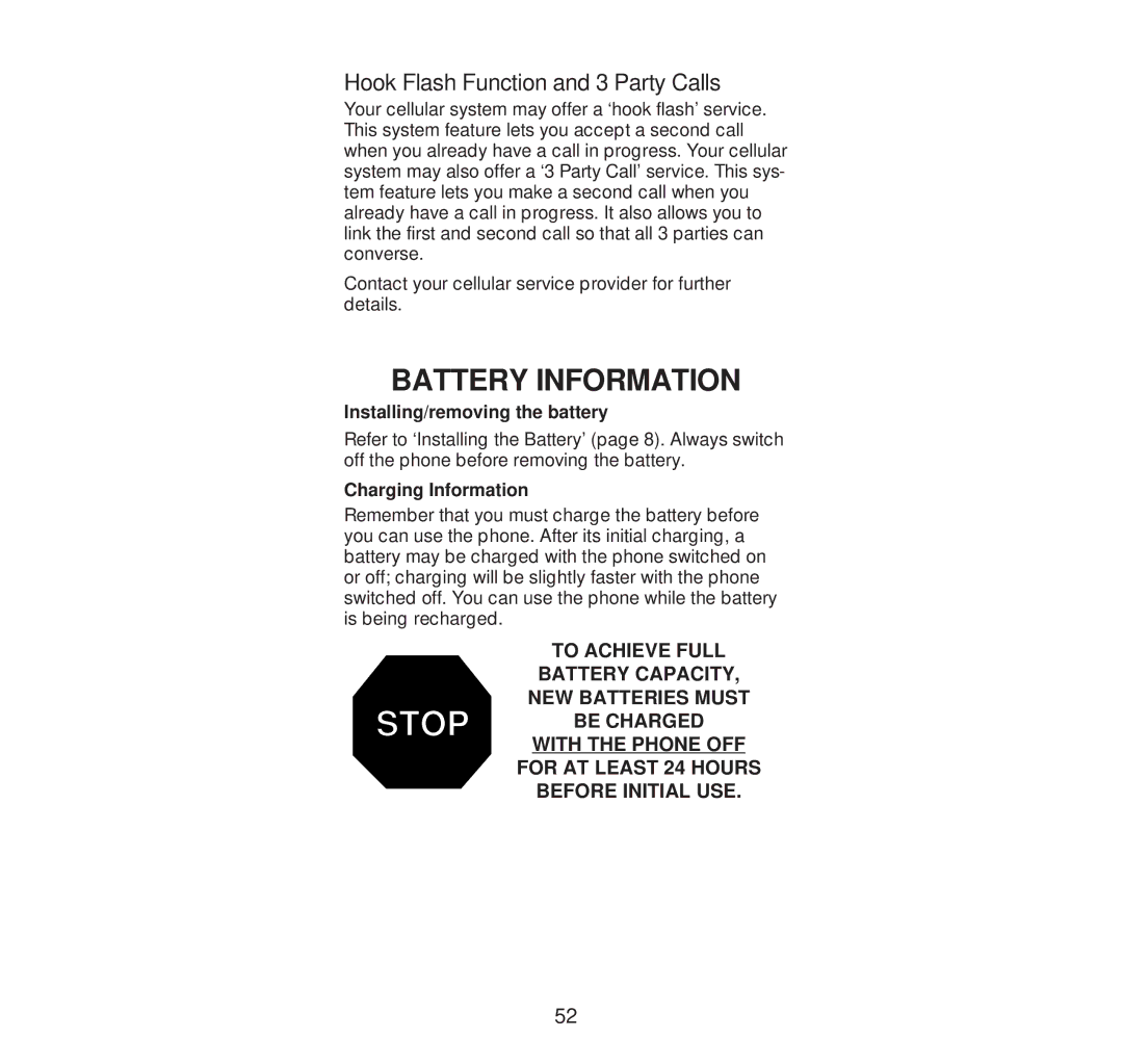 Nokia 232N manual Battery Information, Hook Flash Function and 3 Party Calls, Installing/removing the battery 