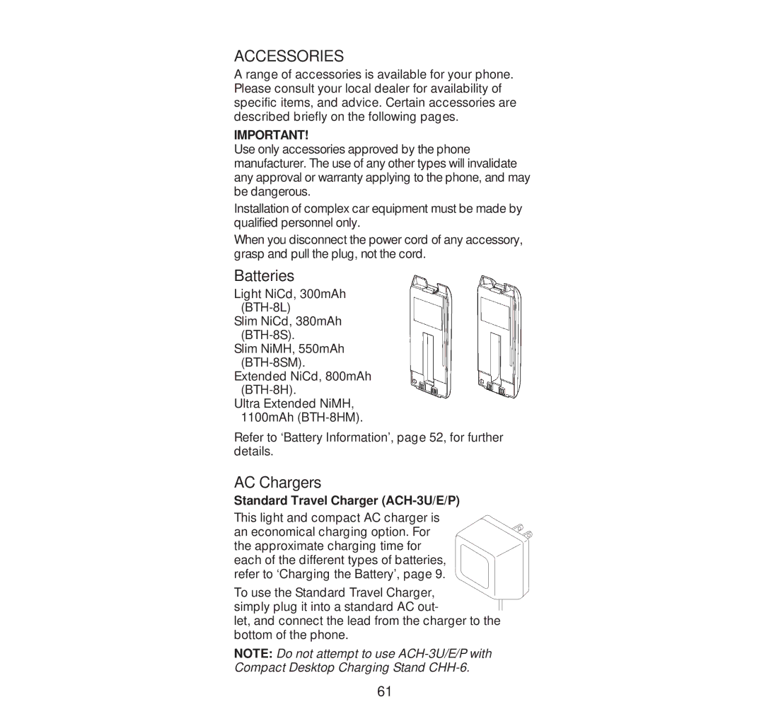 Nokia 232N manual Accessories, Batteries, AC Chargers, Standard Travel Charger ACH-3U/E/P 