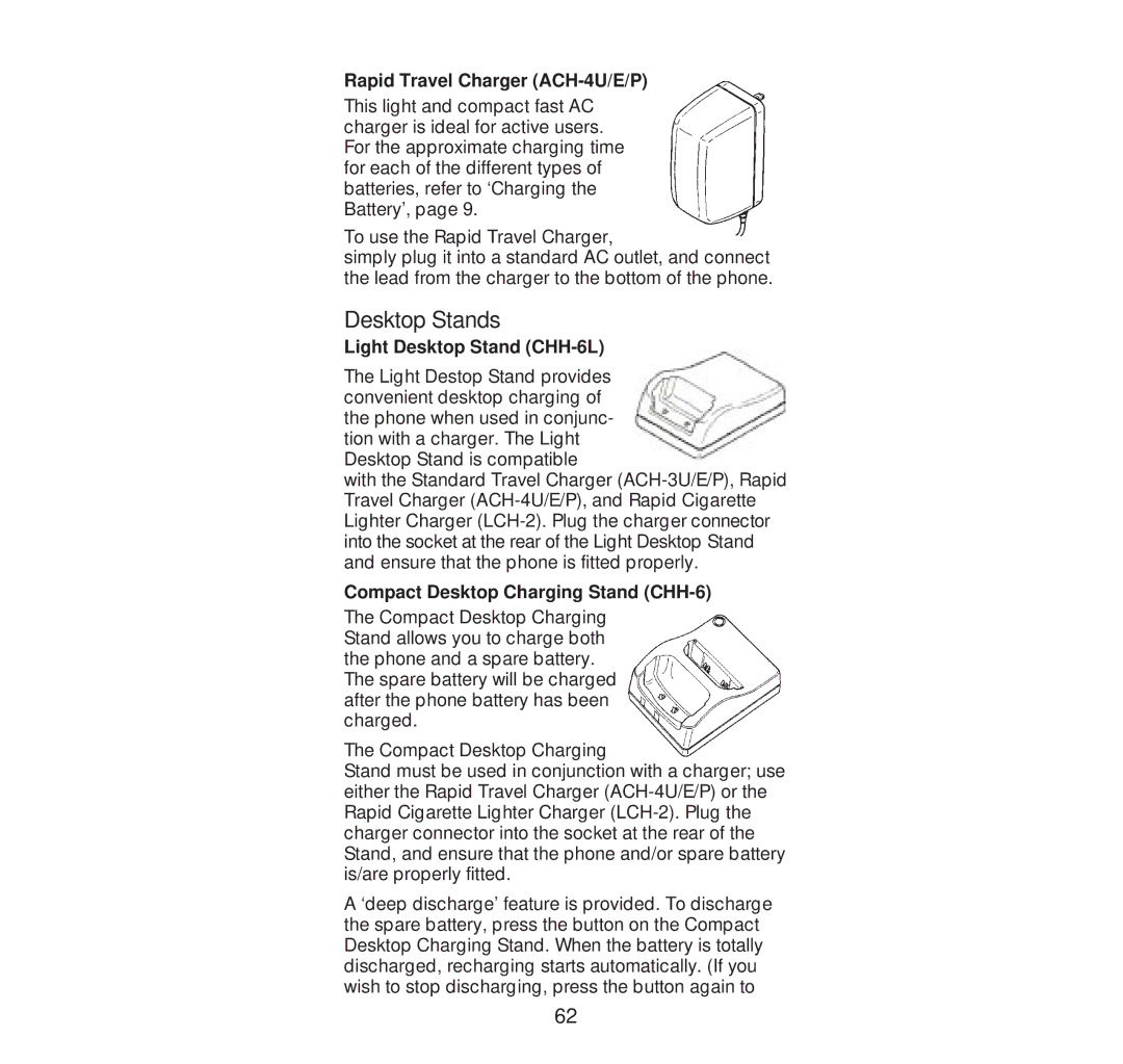 Nokia 232N manual Desktop Stands, Rapid Travel Charger ACH-4U/E/P, Light Desktop Stand CHH-6L 