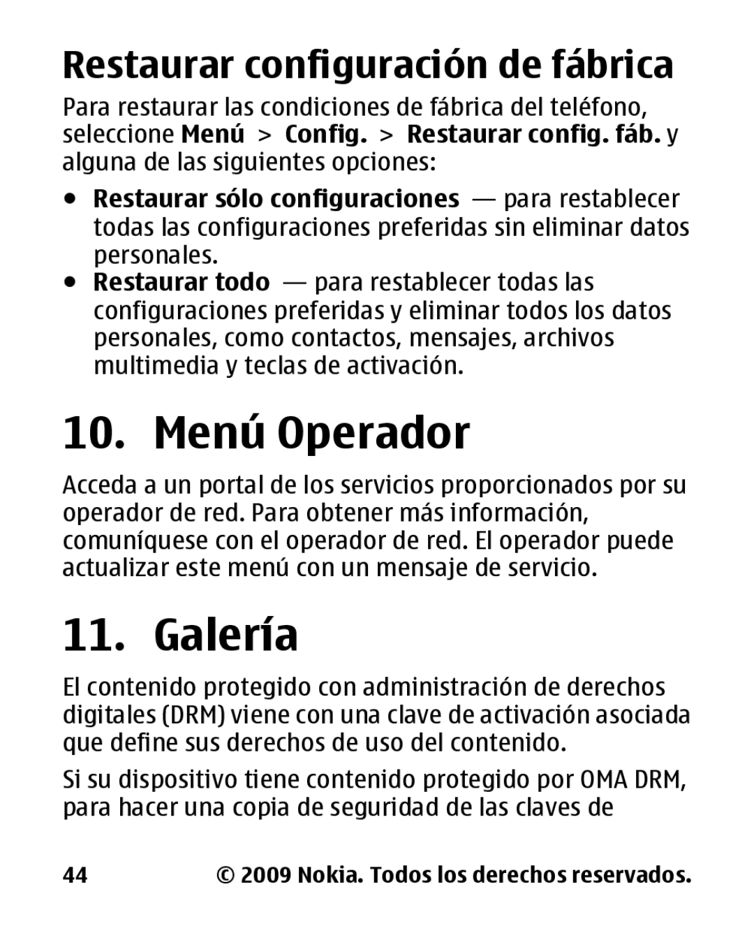 Nokia 2330 manual Menú Operador, Galería, Restaurar configuración de fábrica 