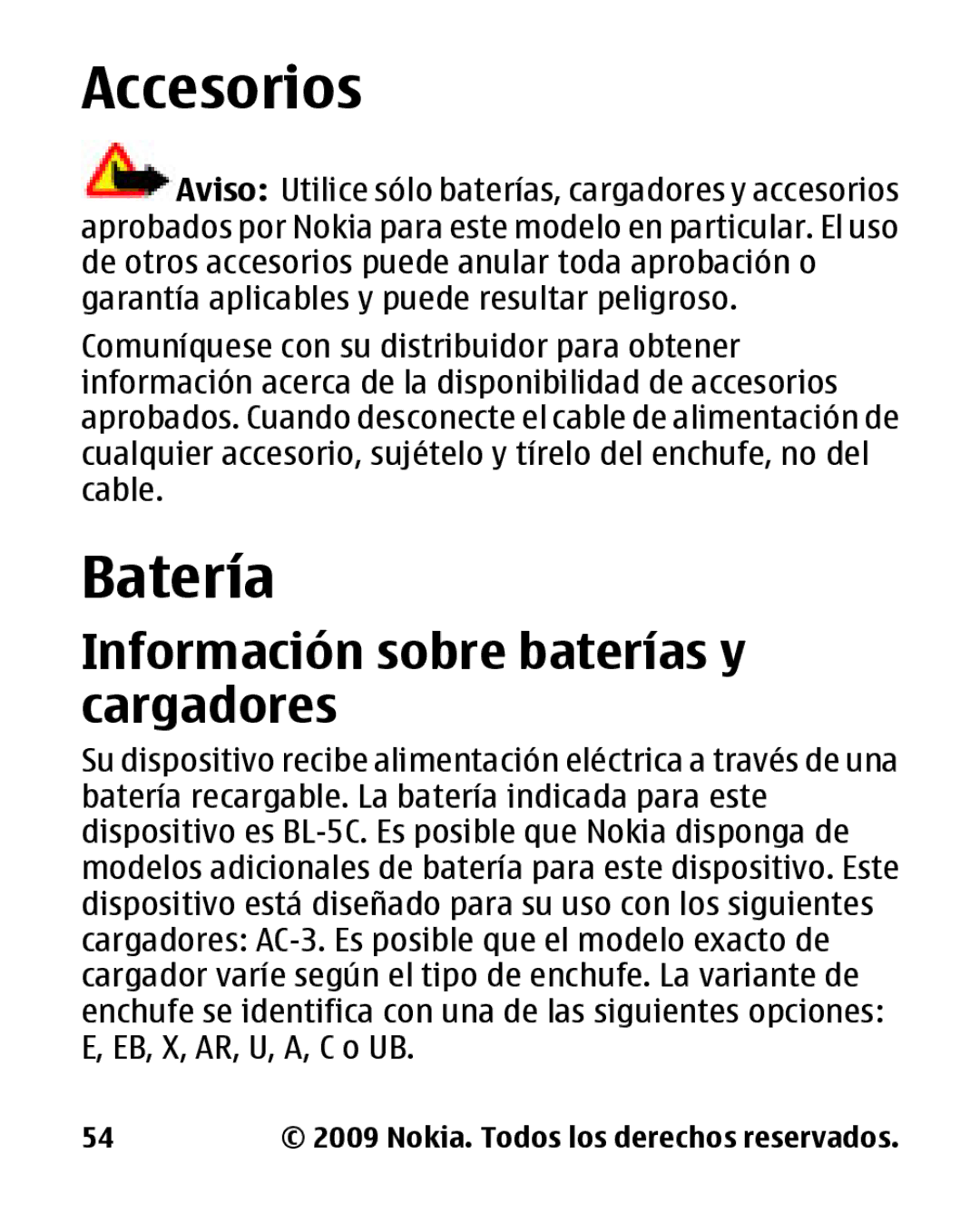 Nokia 2330 manual Accesorios, Batería, Información sobre baterías y cargadores 