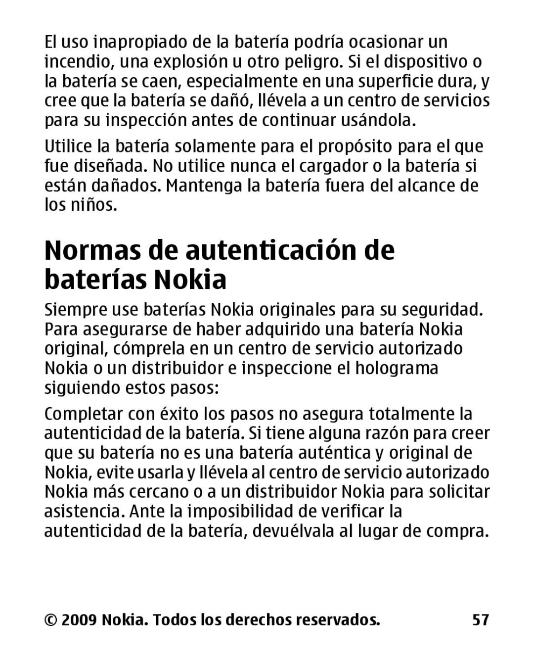 Nokia 2330 manual Normas de autenticación de baterías Nokia 