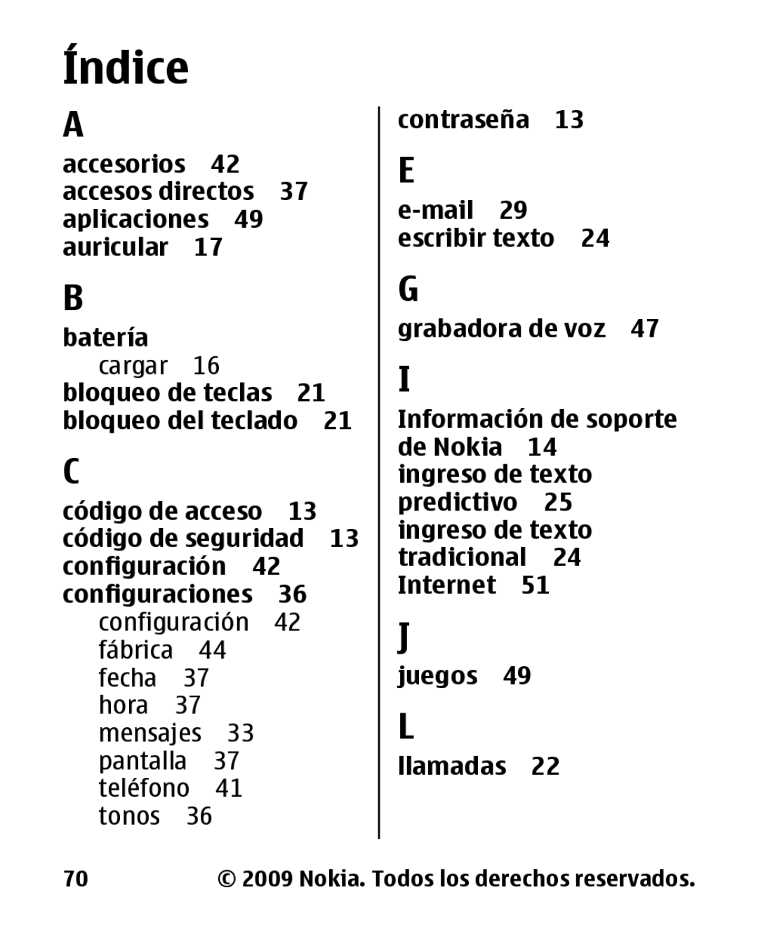 Nokia 2330 manual Índice, Configuración 