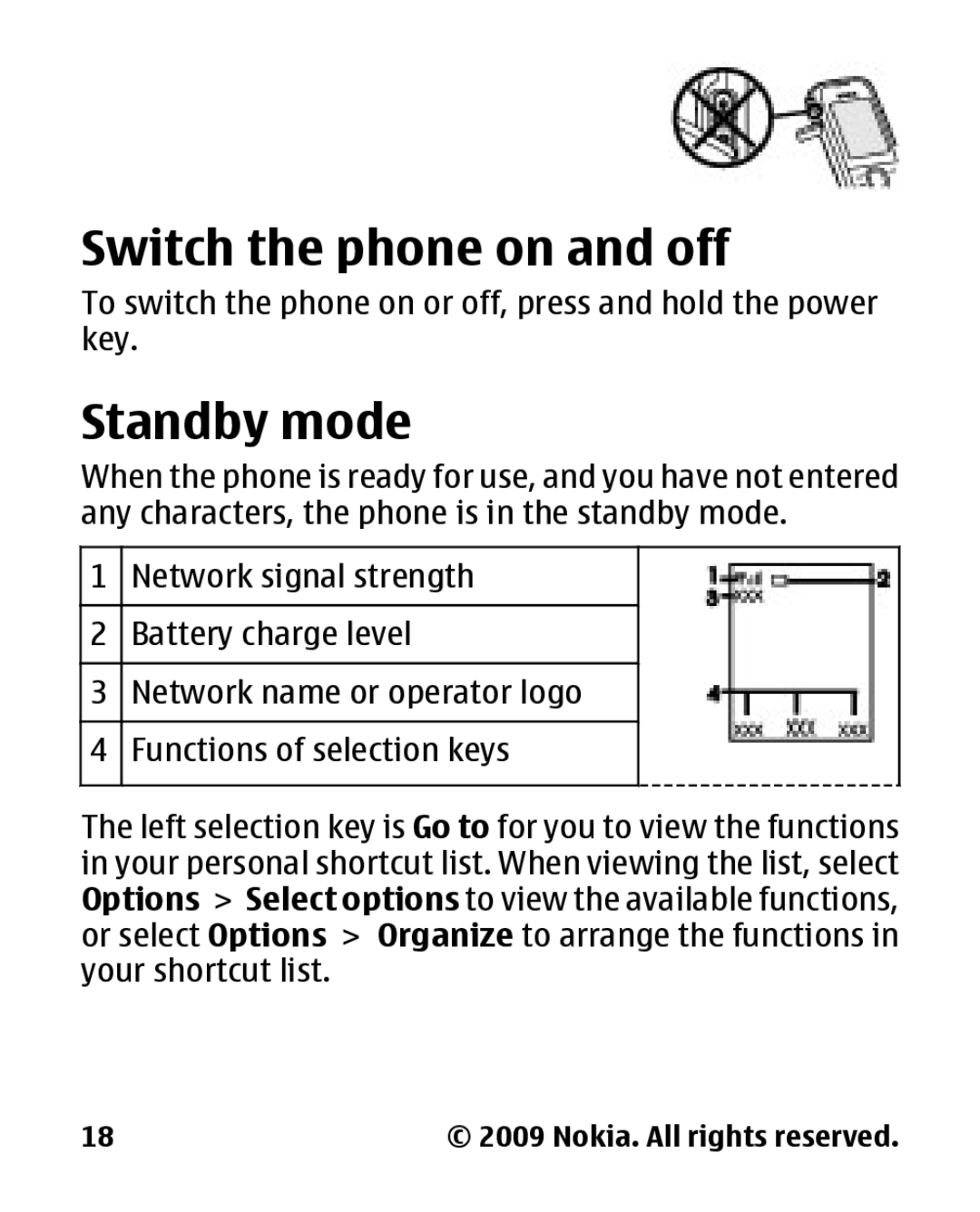 Nokia 2330 manual Switch the phone on and off, Standby mode 