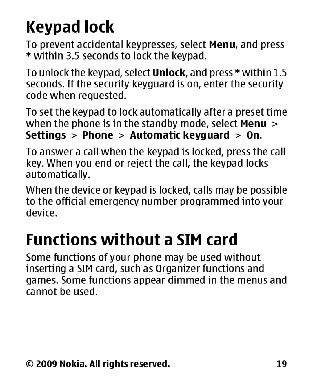 Nokia 2330 manual Keypad lock, Functions without a SIM card 