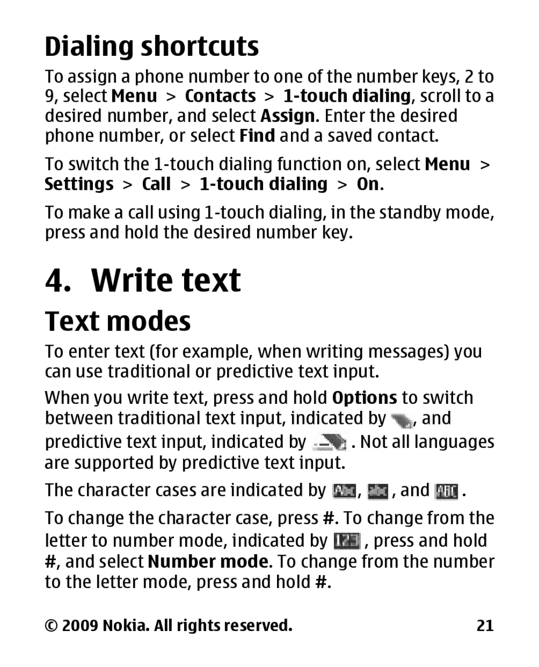 Nokia 2330 manual Write text, Dialing shortcuts, Text modes 